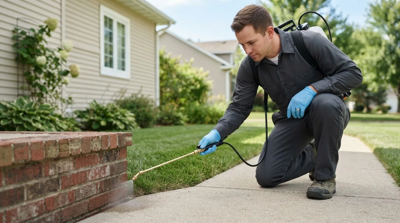 Pest control technician treating a home near Muscotah, KS